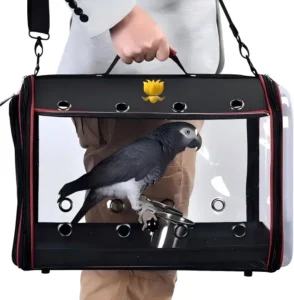Lightweight Bird Carrier for Travelers – Portable Bird Travel Cage with Feeder Cups, Standing Perch & Transparent Viewing Window