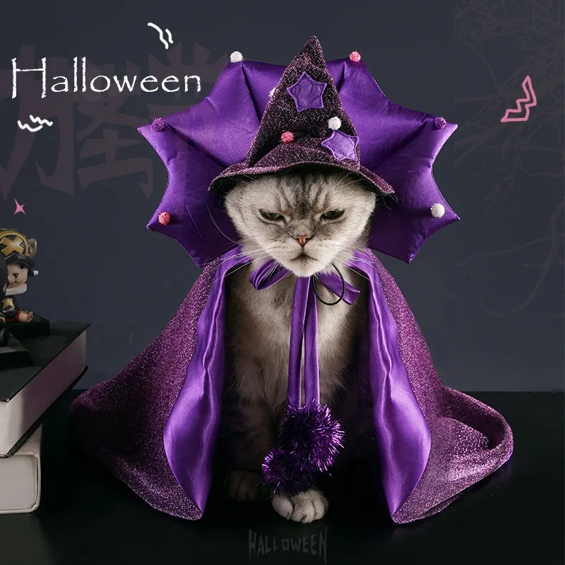 Halloween Pet Costume Cloak and Hat – Violet Wizard Cape Set for Cats & Small Dogs