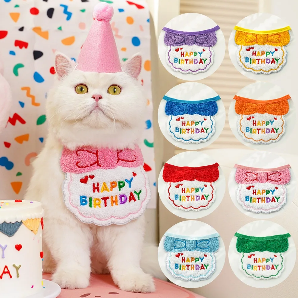 Cat Birthday Bandana Scarf Embroidered Bib and Party Hat for Cat Birthday Celebrations