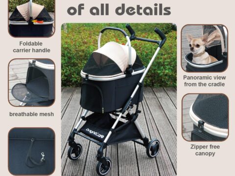 Pet Stroller for Small Dogs & Cats Under 20 lb with Detachable Carrier, 3-in-1 Convertible Design, Lightweight One-Hand Fold Travel Pet Carrier