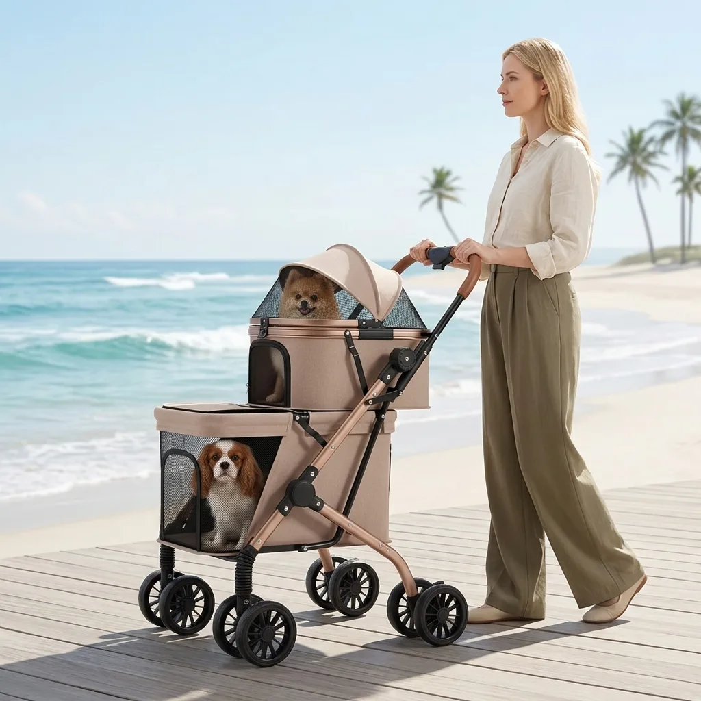 Pet Outdoor Stroller Carbon Steel One-Click Folding Double-Decker Cart for Small & Medium Dogs and Cats | Wholesale OEM Pet Travel Solution