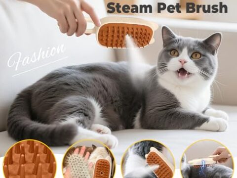 Rechargeable Cat Steam Brush for Shedding – 4-in-1 Pet Grooming Brush with Steam Mist, Massage, Flea Comb & Hair Removal Function